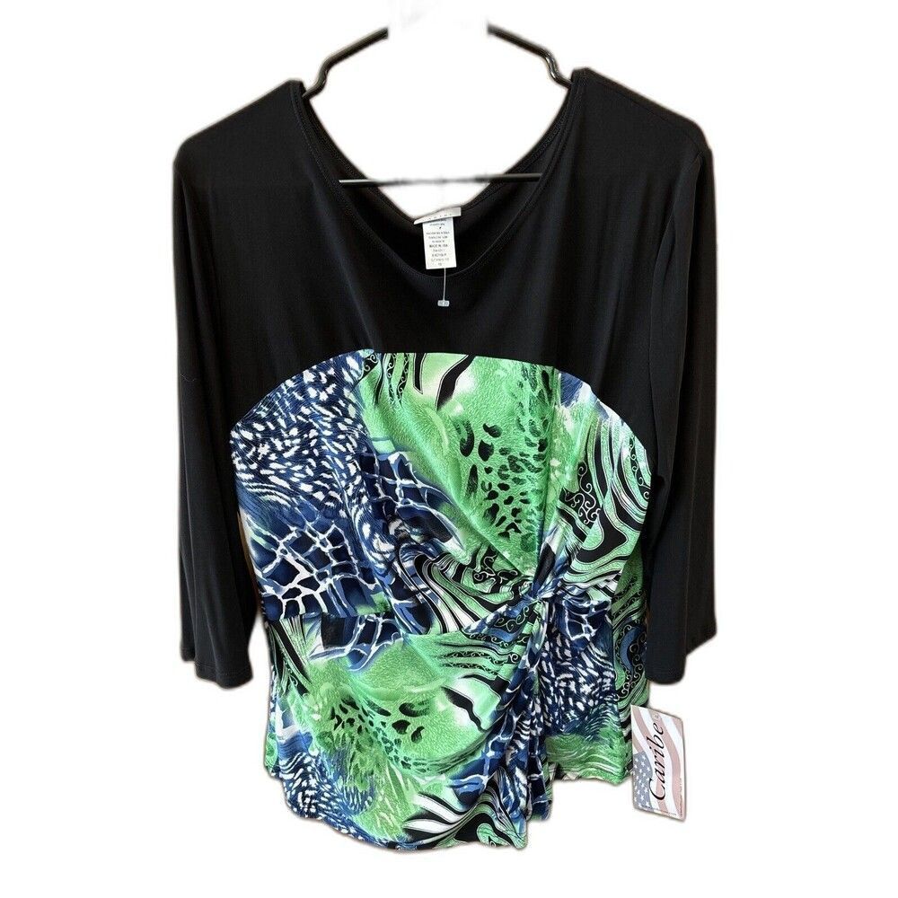Caribe Blouse Stretch Round Neck 3/4 Sleeve USA Colorblock New Black Green 1X